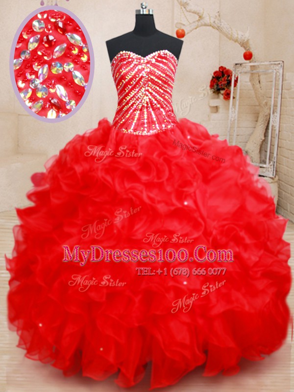 Artistic Red 15 Quinceanera Dress Military Ball and Sweet 16 and Quinceanera and For with Beading and Ruffles Sweetheart Sleeveless Lace Up
