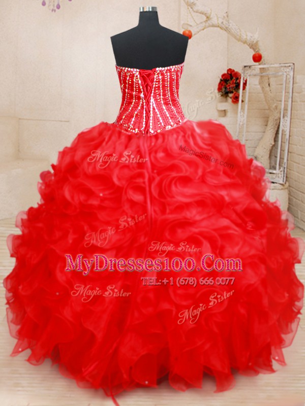 Artistic Red 15 Quinceanera Dress Military Ball and Sweet 16 and Quinceanera and For with Beading and Ruffles Sweetheart Sleeveless Lace Up