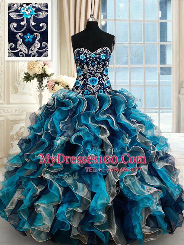 Multi-color Sleeveless Organza Brush Train Lace Up Quince Ball Gowns for Military Ball and Sweet 16 and Quinceanera