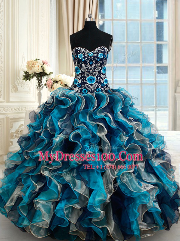 Multi-color Sleeveless Organza Brush Train Lace Up Quince Ball Gowns for Military Ball and Sweet 16 and Quinceanera