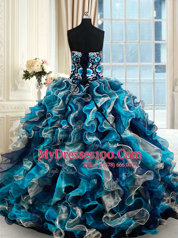 Multi-color Sleeveless Organza Brush Train Lace Up Quince Ball Gowns for Military Ball and Sweet 16 and Quinceanera