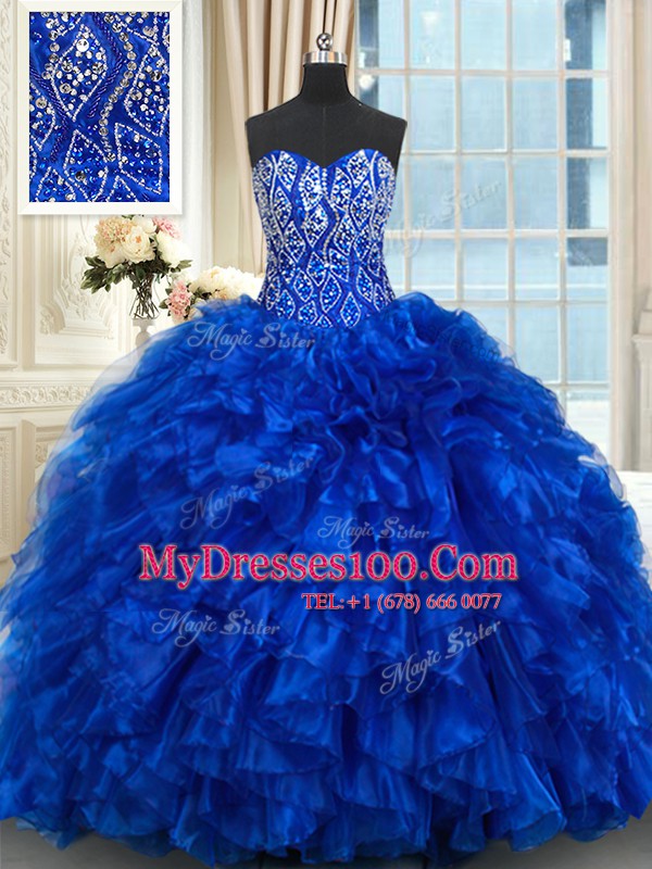 Exquisite With Train Royal Blue Quinceanera Dresses Organza Brush Train Sleeveless Beading and Ruffles
