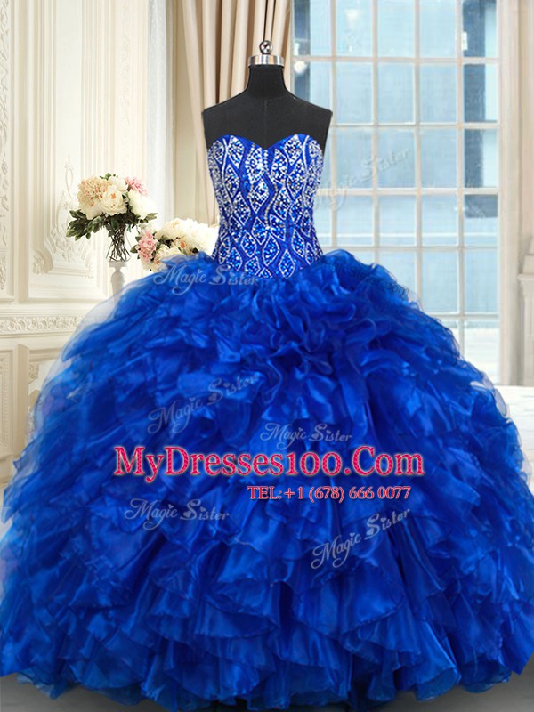Exquisite With Train Royal Blue Quinceanera Dresses Organza Brush Train Sleeveless Beading and Ruffles