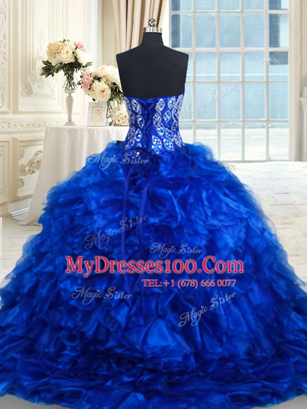 Exquisite With Train Royal Blue Quinceanera Dresses Organza Brush Train Sleeveless Beading and Ruffles
