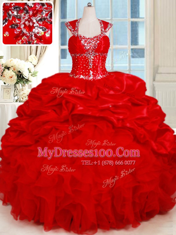 Sumptuous Red Sweetheart Backless Ruffles and Pick Ups Quinceanera Gown Cap Sleeves
