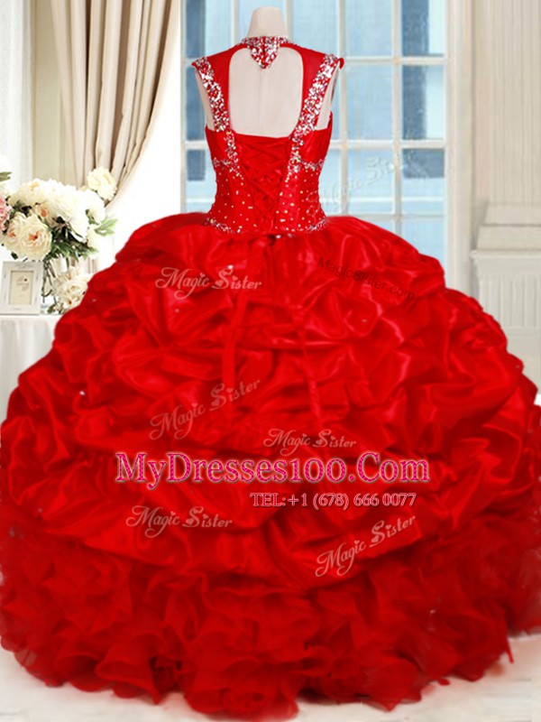 Sumptuous Red Sweetheart Backless Ruffles and Pick Ups Quinceanera Gown Cap Sleeves