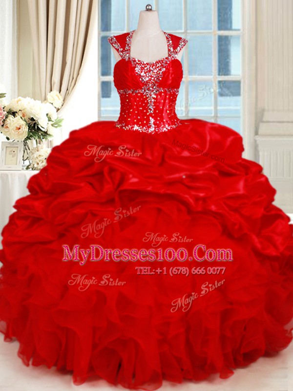 Sumptuous Red Sweetheart Backless Ruffles and Pick Ups Quinceanera Gown Cap Sleeves