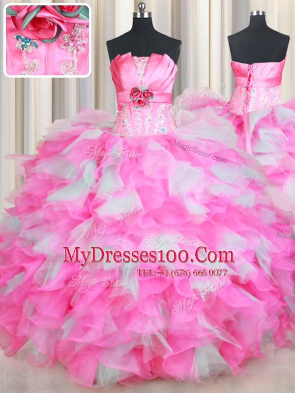 High Quality Sleeveless Organza and Tulle Floor Length Lace Up Sweet 16 Quinceanera Dress in Pink And White with Beading and Ruffles and Hand Made Flower