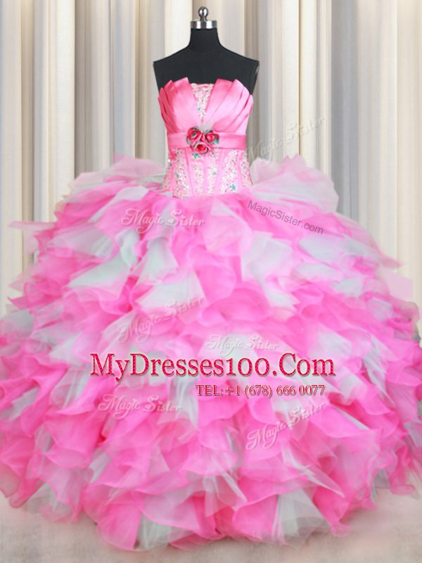 High Quality Sleeveless Organza and Tulle Floor Length Lace Up Sweet 16 Quinceanera Dress in Pink And White with Beading and Ruffles and Hand Made Flower
