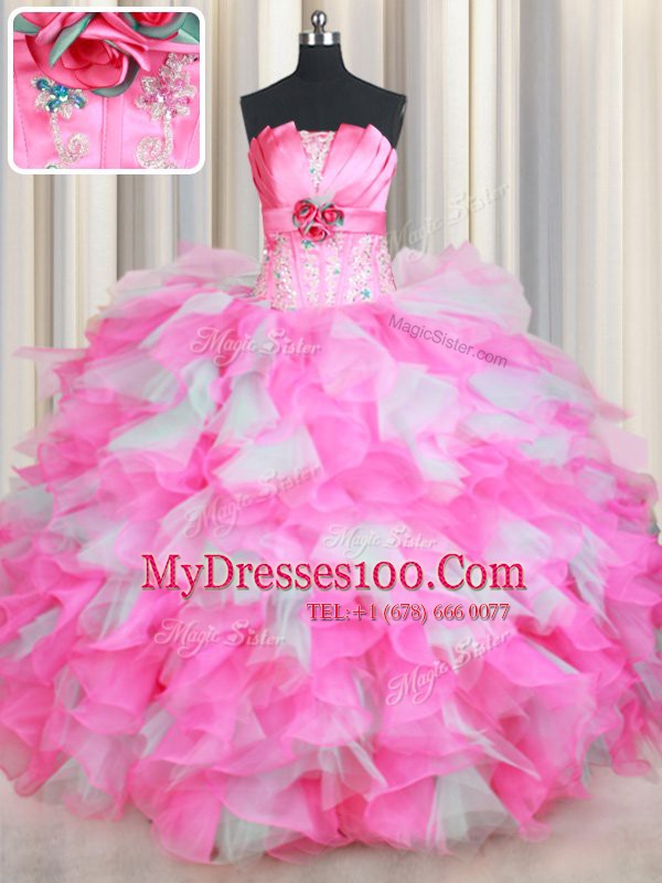 High Quality Sleeveless Organza and Tulle Floor Length Lace Up Sweet 16 Quinceanera Dress in Pink And White with Beading and Ruffles and Hand Made Flower