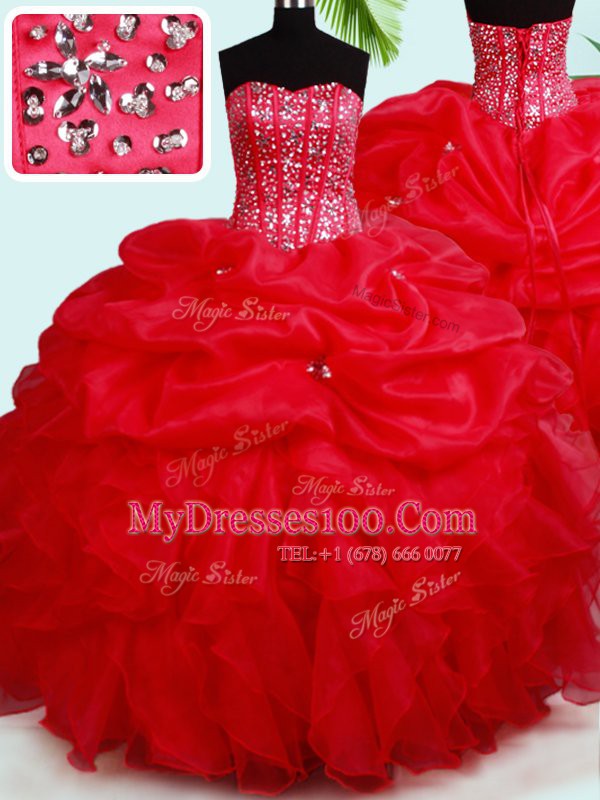 Luxury Floor Length Red Sweet 16 Dresses Organza Sleeveless Beading and Ruffles and Pick Ups
