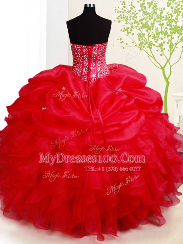 Luxury Floor Length Red Sweet 16 Dresses Organza Sleeveless Beading and Ruffles and Pick Ups
