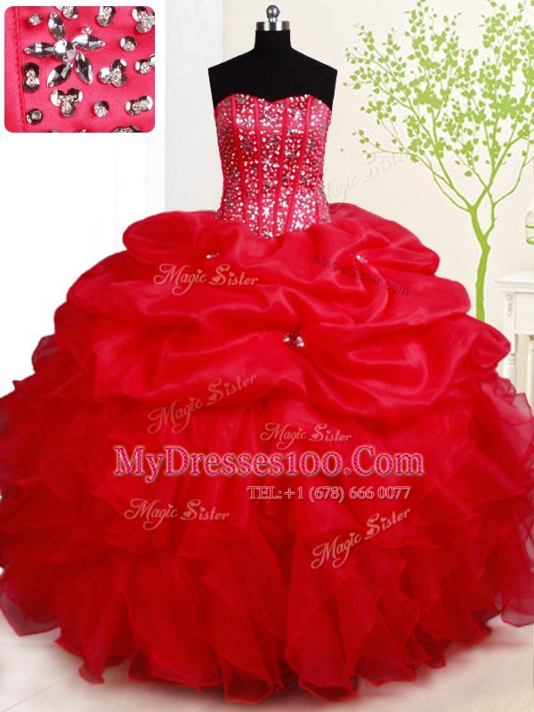 Luxury Floor Length Red Sweet 16 Dresses Organza Sleeveless Beading and Ruffles and Pick Ups