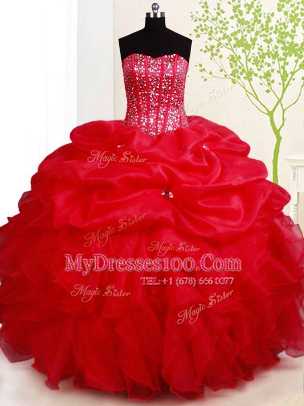 Luxury Floor Length Red Sweet 16 Dresses Organza Sleeveless Beading and Ruffles and Pick Ups