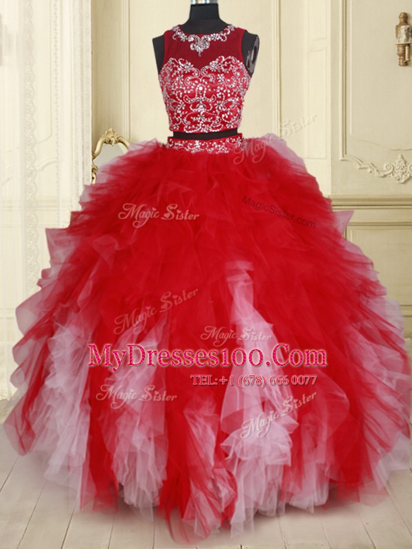 Two Pieces See Through White and Red Tulle Zipper Scoop Sleeveless Floor Length 15th Birthday Dress Beading and Ruffles
