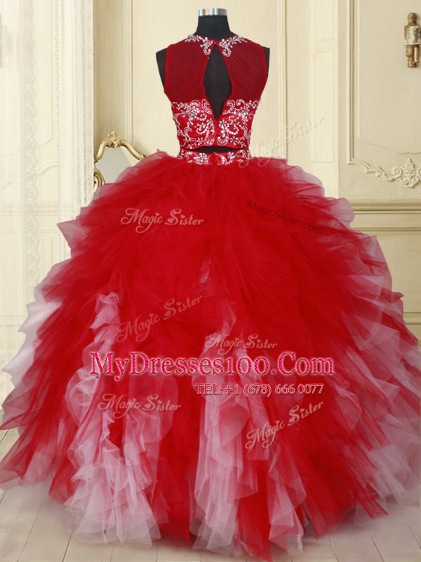 Two Pieces See Through White and Red Tulle Zipper Scoop Sleeveless Floor Length 15th Birthday Dress Beading and Ruffles
