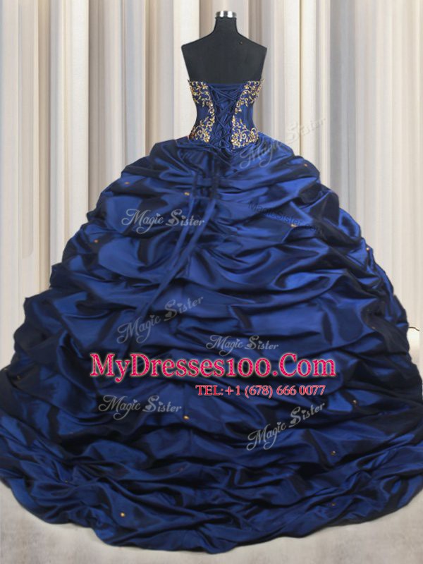 With Train Lace Up Quinceanera Dress Navy Blue for Military Ball and Sweet 16 and Quinceanera with Embroidery and Pick Ups Court Train