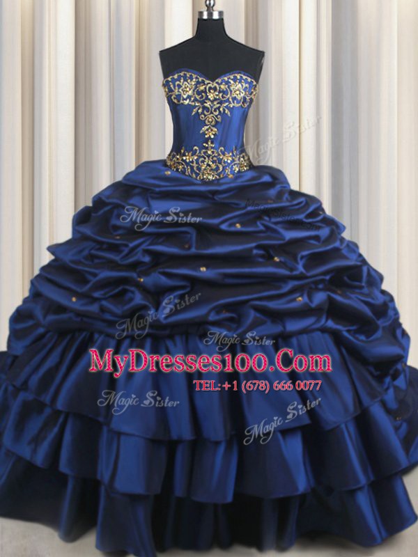 With Train Lace Up Quinceanera Dress Navy Blue for Military Ball and Sweet 16 and Quinceanera with Embroidery and Pick Ups Court Train