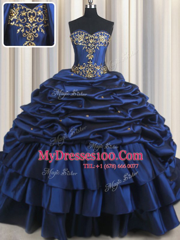 With Train Lace Up Quinceanera Dress Navy Blue for Military Ball and Sweet 16 and Quinceanera with Embroidery and Pick Ups Court Train