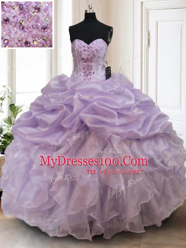Sleeveless Organza Floor Length Lace Up Vestidos de Quinceanera in Lavender with Beading and Ruffles