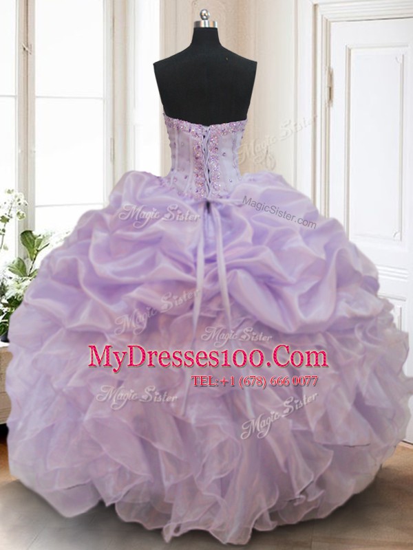 Sleeveless Organza Floor Length Lace Up Vestidos de Quinceanera in Lavender with Beading and Ruffles