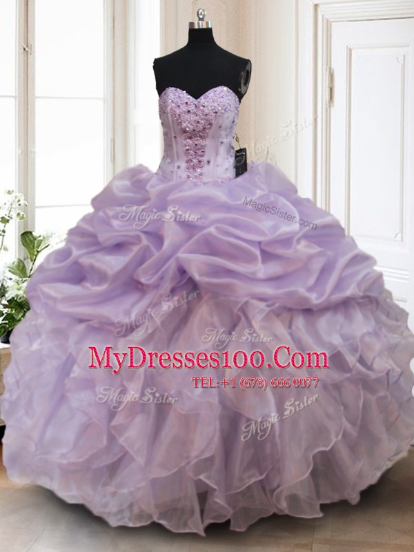 Sleeveless Organza Floor Length Lace Up Vestidos de Quinceanera in Lavender with Beading and Ruffles
