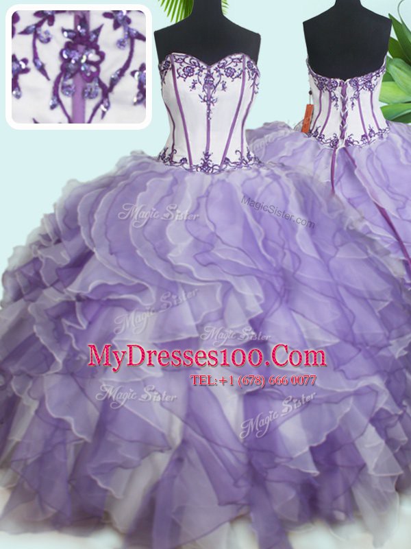 Sweetheart Sleeveless Lace Up Sweet 16 Dresses White And Purple Organza