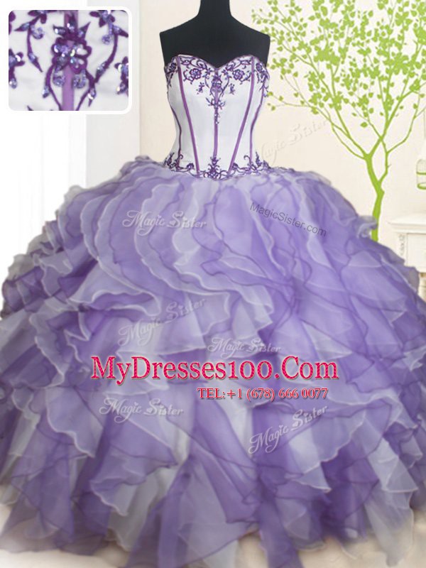Sweetheart Sleeveless Lace Up Sweet 16 Dresses White And Purple Organza