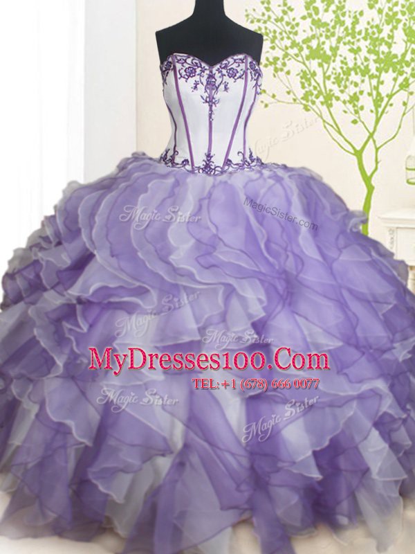 Sweetheart Sleeveless Lace Up Sweet 16 Dresses White And Purple Organza