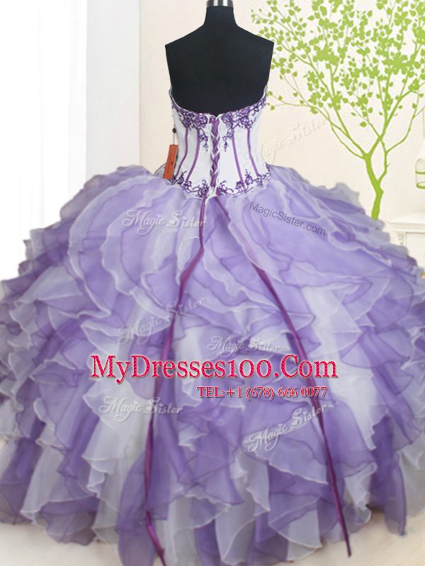 Sweetheart Sleeveless Lace Up Sweet 16 Dresses White And Purple Organza