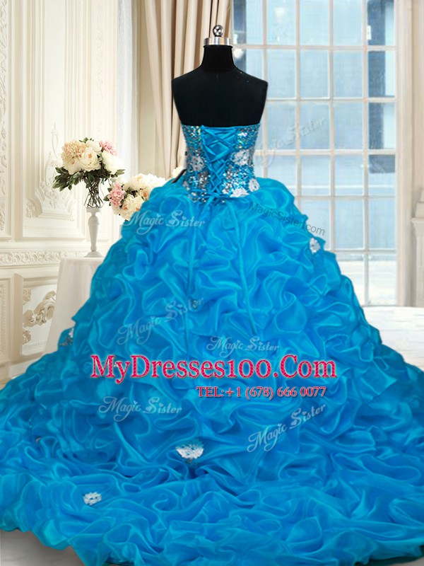 Sleeveless Brush Train Beading and Pick Ups Lace Up Sweet 16 Quinceanera Dress