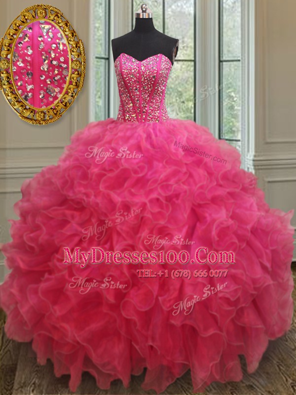 Flirting Hot Pink Sleeveless Organza Lace Up Quinceanera Dresses for Military Ball and Sweet 16 and Quinceanera