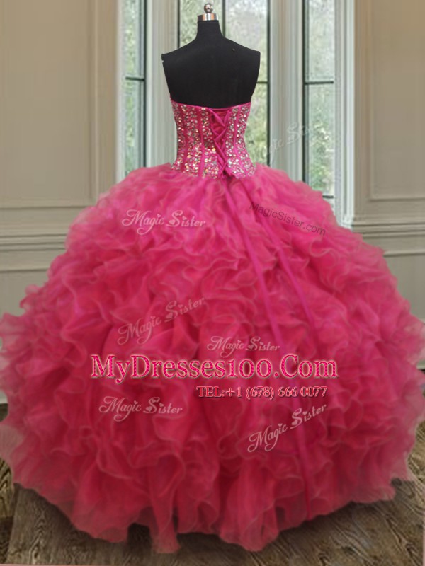 Flirting Hot Pink Sleeveless Organza Lace Up Quinceanera Dresses for Military Ball and Sweet 16 and Quinceanera
