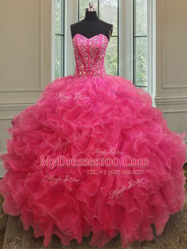 Flirting Hot Pink Sleeveless Organza Lace Up Quinceanera Dresses for Military Ball and Sweet 16 and Quinceanera