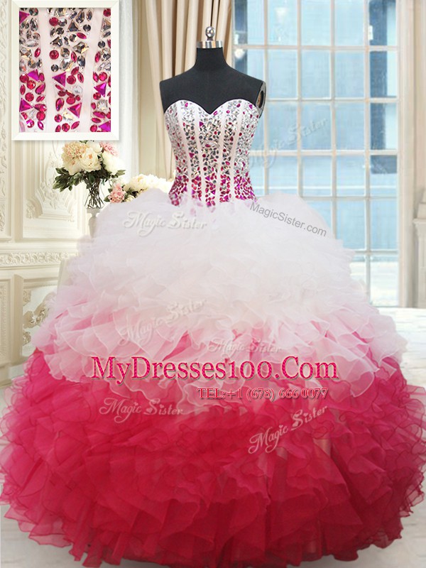 White and Red Ball Gown Prom Dress Military Ball and Sweet 16 and Quinceanera and For with Beading and Ruffles Sweetheart Sleeveless Lace Up