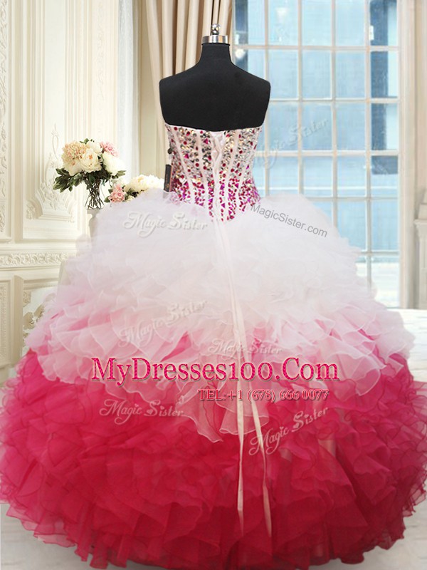 White and Red Ball Gown Prom Dress Military Ball and Sweet 16 and Quinceanera and For with Beading and Ruffles Sweetheart Sleeveless Lace Up