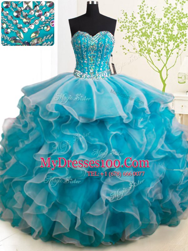 Modern Teal Lace Up Sweetheart Beading and Ruffles Quinceanera Gown Organza Sleeveless Brush Train