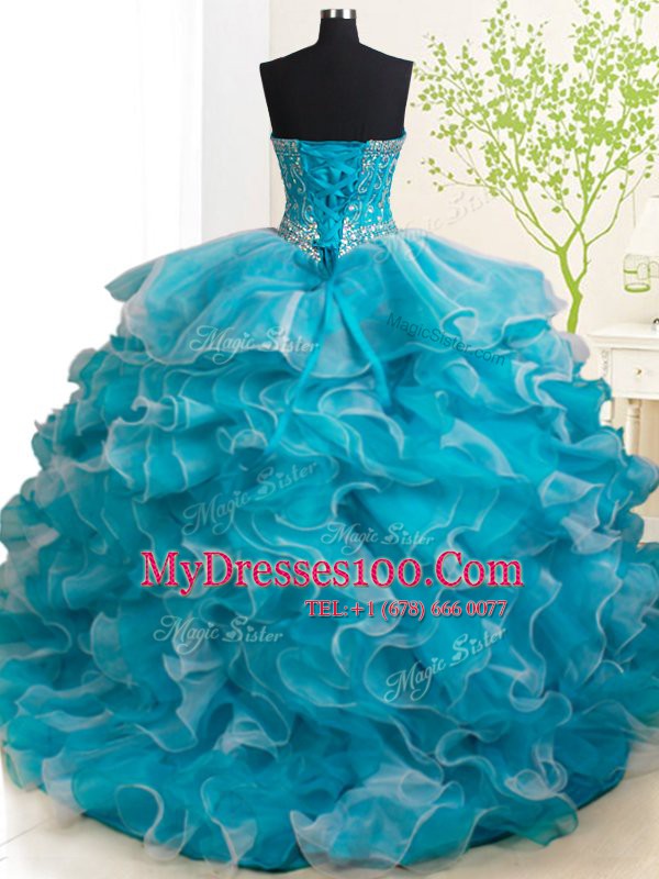 Modern Teal Lace Up Sweetheart Beading and Ruffles Quinceanera Gown Organza Sleeveless Brush Train