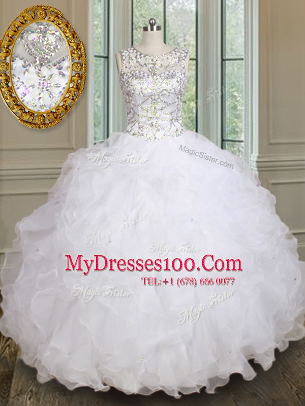 Sophisticated Scoop White Sleeveless Floor Length Beading and Ruffles Lace Up Quinceanera Dress