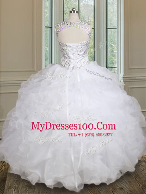 Sophisticated Scoop White Sleeveless Floor Length Beading and Ruffles Lace Up Quinceanera Dress
