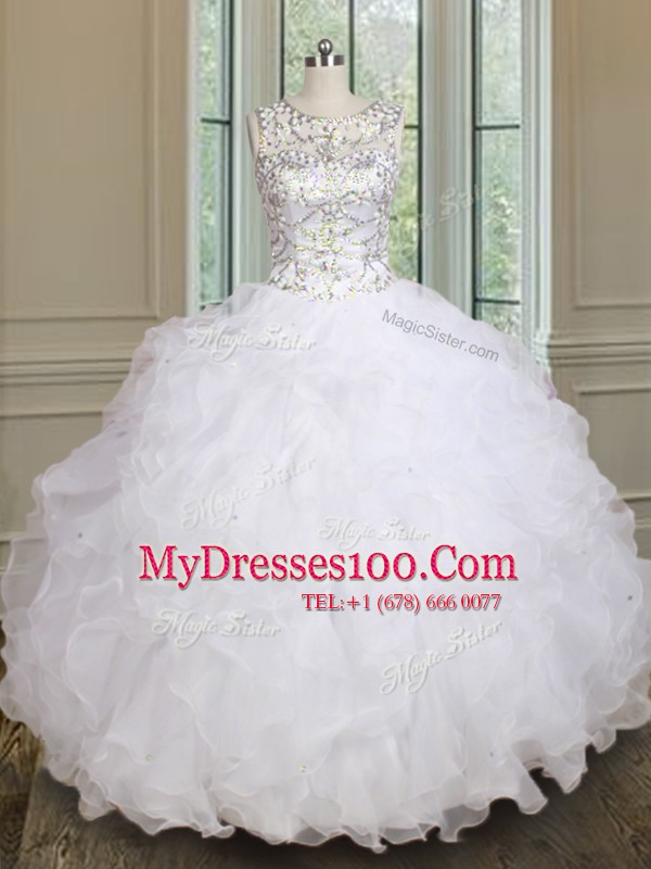 Sophisticated Scoop White Sleeveless Floor Length Beading and Ruffles Lace Up Quinceanera Dress