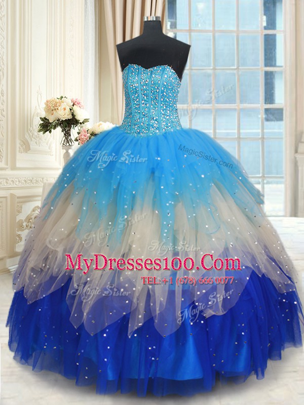 Excellent Sleeveless Beading and Ruffles Lace Up 15th Birthday Dress