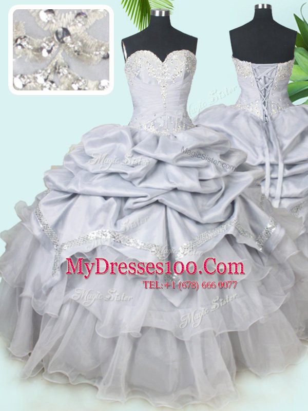 Flirting Grey Lace Up Sweetheart Beading and Sequins and Pick Ups 15th Birthday Dress Organza and Taffeta Sleeveless