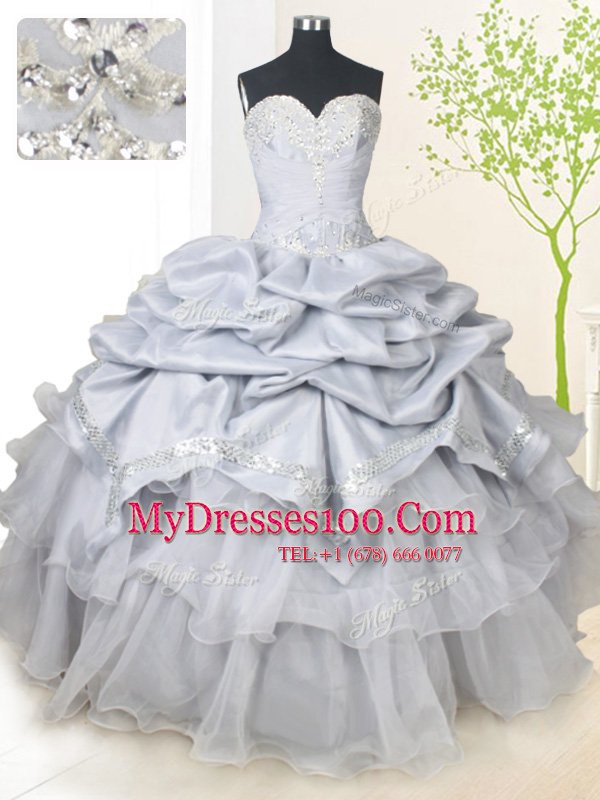 Flirting Grey Lace Up Sweetheart Beading and Sequins and Pick Ups 15th Birthday Dress Organza and Taffeta Sleeveless