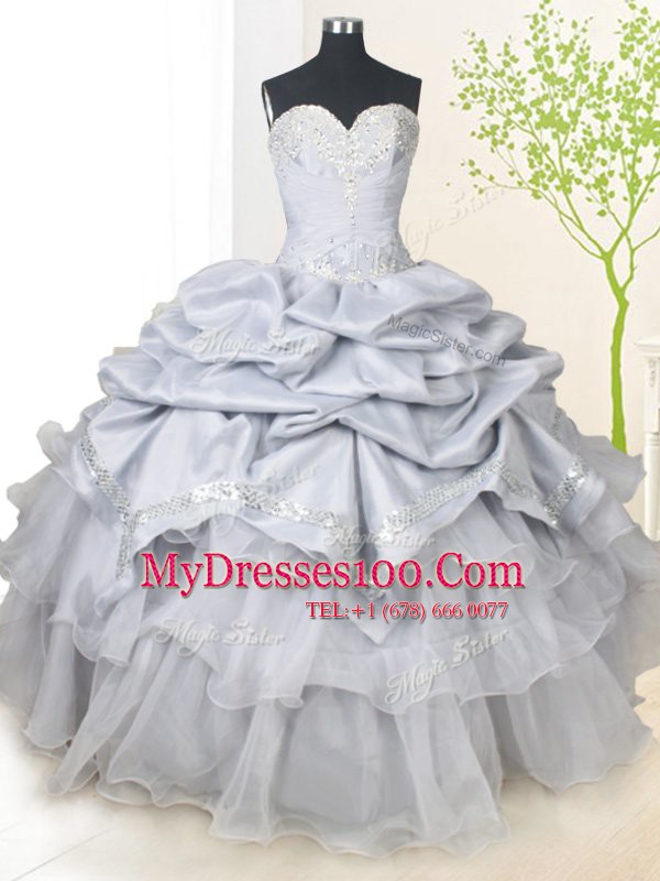Flirting Grey Lace Up Sweetheart Beading and Sequins and Pick Ups 15th Birthday Dress Organza and Taffeta Sleeveless