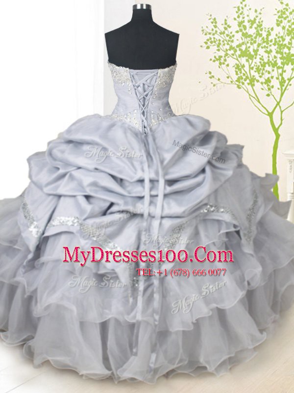 Flirting Grey Lace Up Sweetheart Beading and Sequins and Pick Ups 15th Birthday Dress Organza and Taffeta Sleeveless