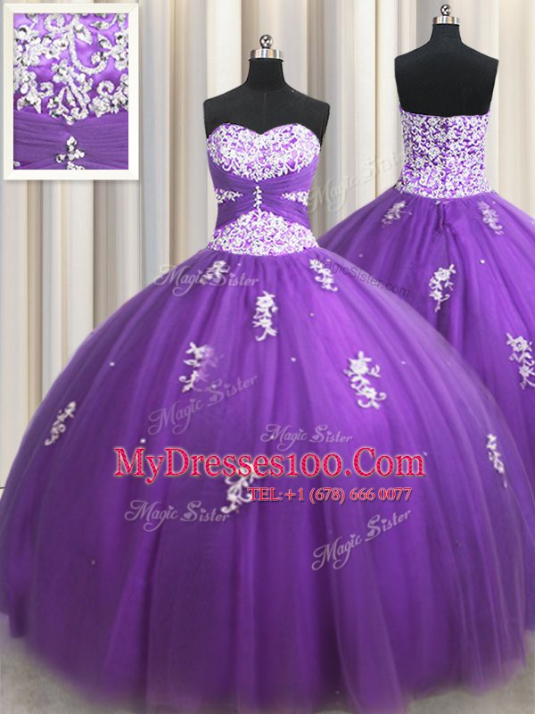 Low Price Eggplant Purple Tulle Zipper Quince Ball Gowns Sleeveless Floor Length Beading and Appliques