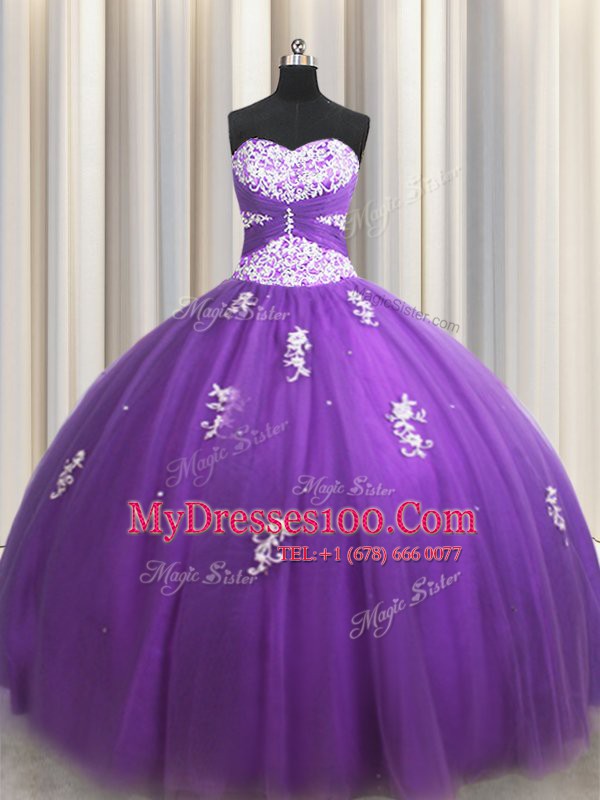 Low Price Eggplant Purple Tulle Zipper Quince Ball Gowns Sleeveless Floor Length Beading and Appliques