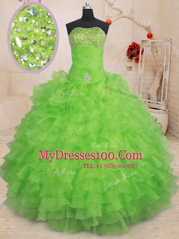 Wonderful Strapless Sleeveless Organza 15 Quinceanera Dress Beading and Ruffled Layers Lace Up