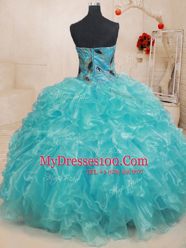 Best Sleeveless Floor Length Beading and Embroidery and Ruffles Zipper Quinceanera Dress with Teal